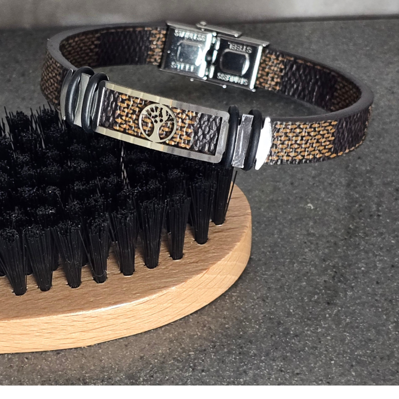 Men's Brown Leather Look Tree Of Life Bracelet - Image 3